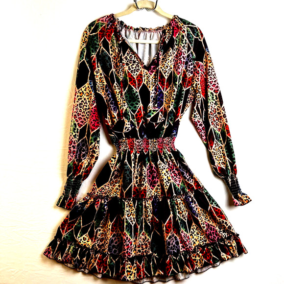 Prairie Tiered Dress Women's Small Gold Green Orange Animal Print Retro Fashion - Picture 1 of 9